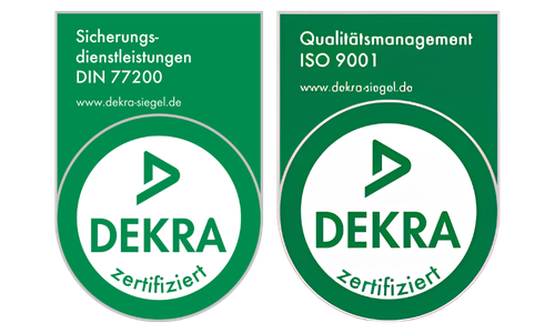 Siegel DIN 77200 und DIN ISO 9001 nach DEKRA f&uuml;r unseren zertifizierten Sicherheitsdienst