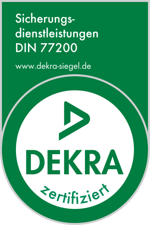 Logo Dekra Zertifizierung DIN ISO 77200 für uns als Sicherheitsdienst